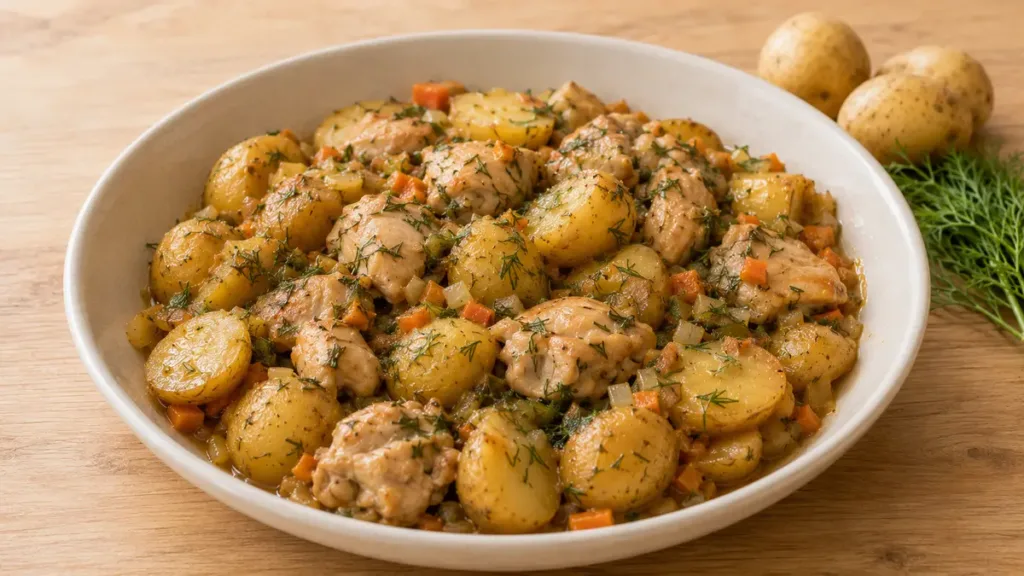 Тушкована молода картопля з куркою та зеленню