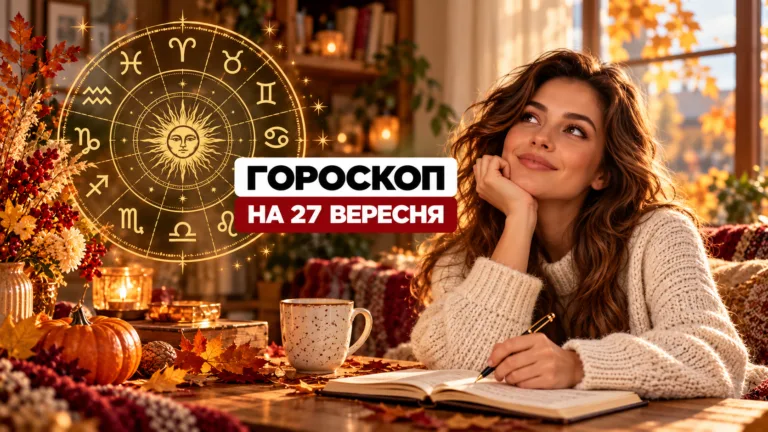 Зодіакальне коло й осіння композиція з написом «Гороскоп на 27 вересня»