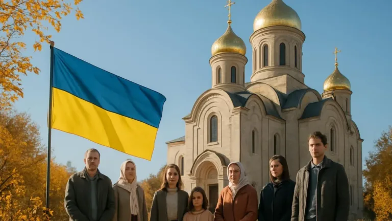 Осінній український храм на тлі золотого листя, символічне святкування Покрови Пресвятої Богородиці