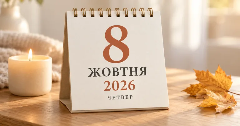 Настільний календар із датою 8 жовтня 2026 року, свічка та осіннє листя