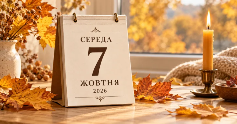 Настільний календар на 7 жовтня 2026 року зі свічкою та осіннім листям