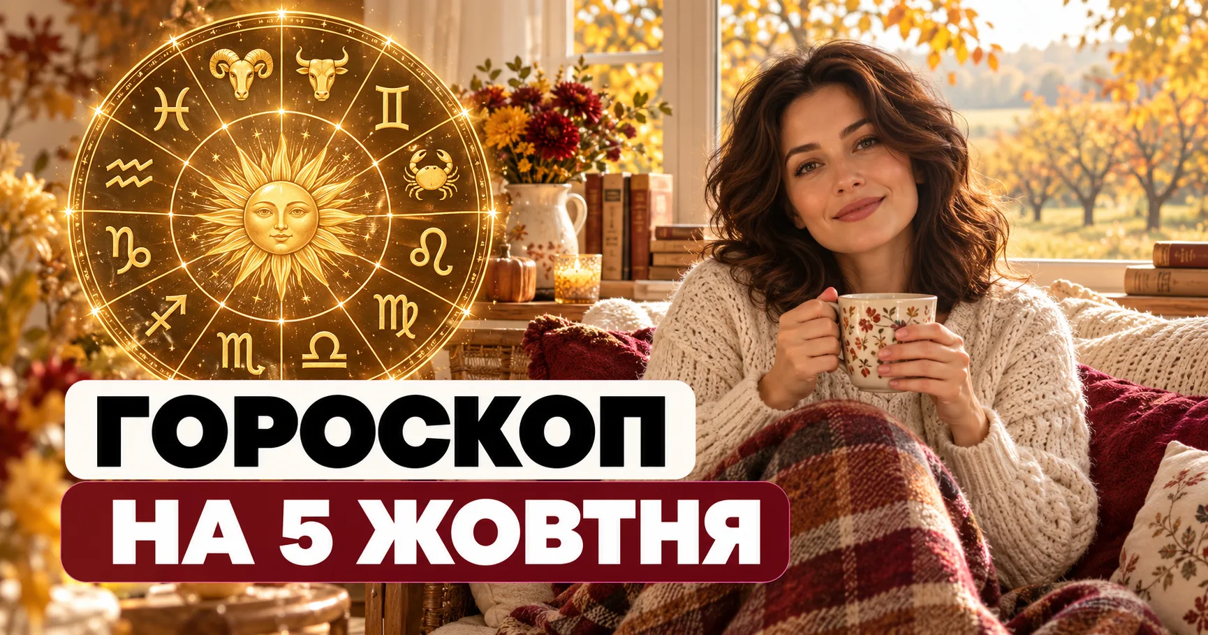 Гороскоп на 5 жовтня: жінка з чашкою біля золотого зодіакального кола