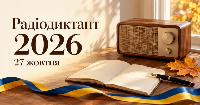 - Радіодиктант 2026: радіоприймач, відкритий зошит, ручка та синьо-жовта стрічка.