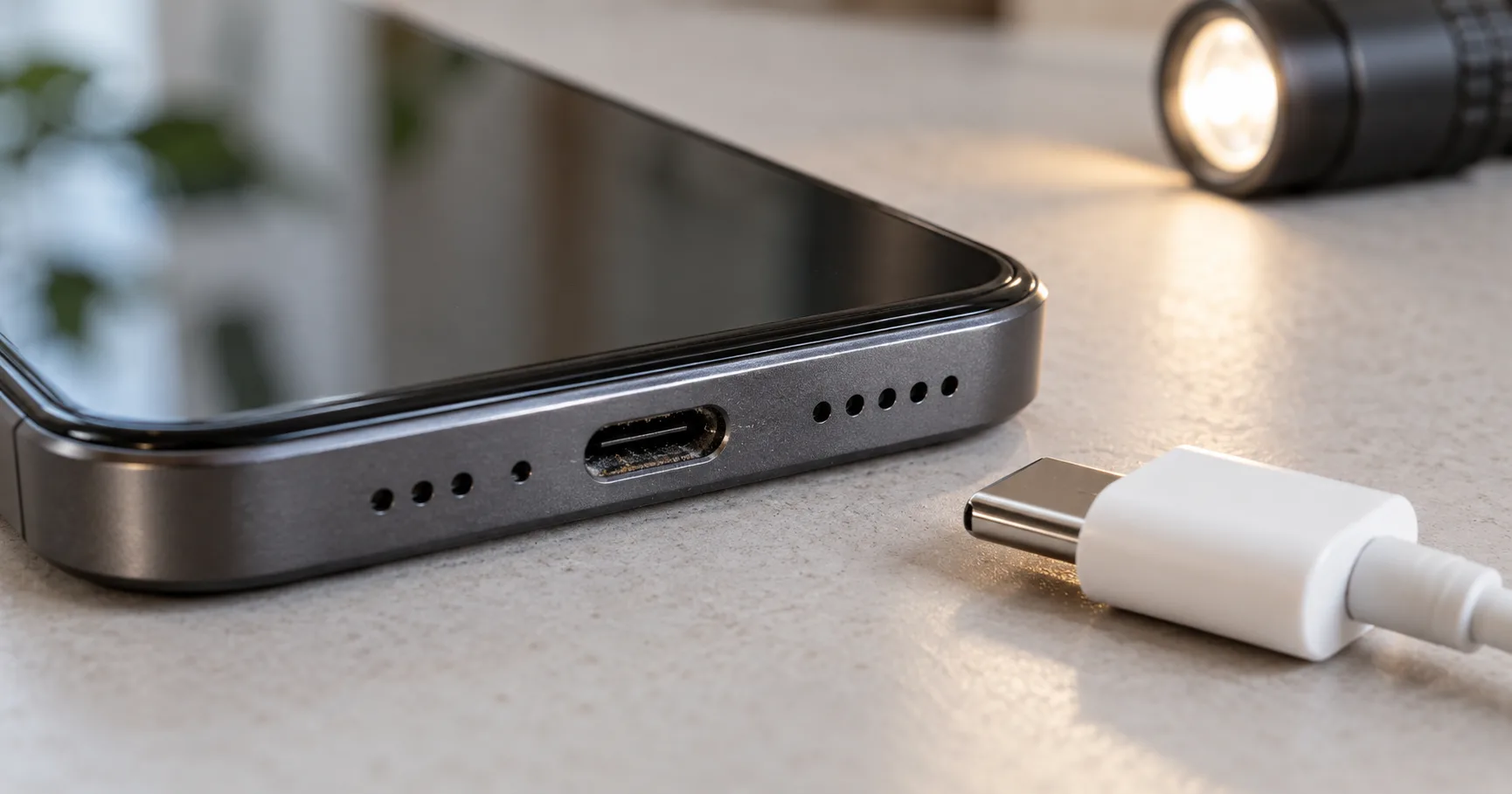 Роз’єм USB-C смартфона на сірому столі та від’єднаний зарядний кабель